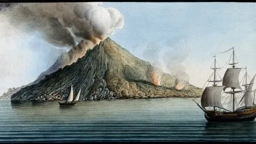 The Island of Stromboli, Smoke erupting from its peak. A large ship sits in the bottom right corner. Drawn by Peter Fabris in 1776-79